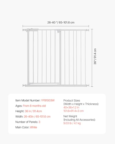 VEVOR Baby Gate, 26-40 Inches Adjustable Width, 36 Inches High Dog Gate, Easy Step Walk Thru, for Child Pet Security, Pressure Mount Kit, Wall Cups, One-Hand Open, for Stairs and Doorways, White