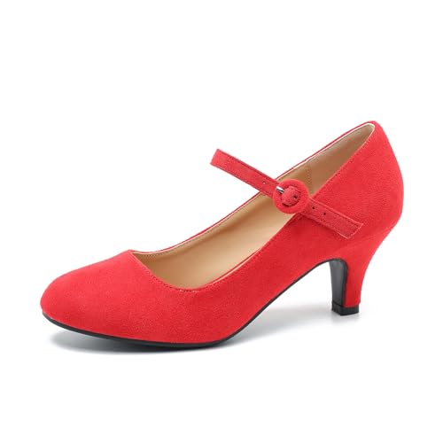 Image of Women's Vintage Mary Jane Shoes Dress Comfortable Low Kitten Heels Ankle Strap Closed Round Toe Office Work Wedding Pumps