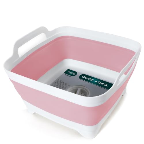 Image of FOSJGO Collapsible Dish Basin with Drain Plug, 2.4 Gal (9L) Space-Saving Foldable Sink, Wash Basin for Kitchen, Baby Bottles, Vegetable Washing, Camping, RV and Party Beverage Tubs (Pink)
