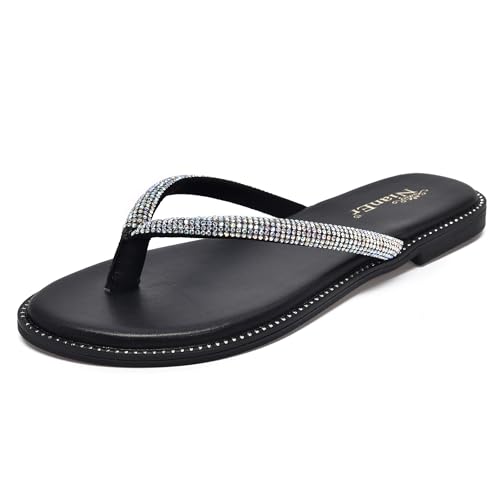 Image of NianEr Womens Microfiber Leather Memory Foam Sandals Flip Flops Slides | Rhinestone, Glitter, Sparkly, Bling, Jeweled, Sparkle, Diamond, Flat, Comfortable, Slip On, Dressy, Dress, Beach, Vacation
