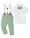 ZOEREA Boys Clothes Formal Suit Gentleman Wedding Outfit Short Sleeve Shirt with Bow Tie and Suspender Pants 6-10 Years (Light Green,6-7 Years)