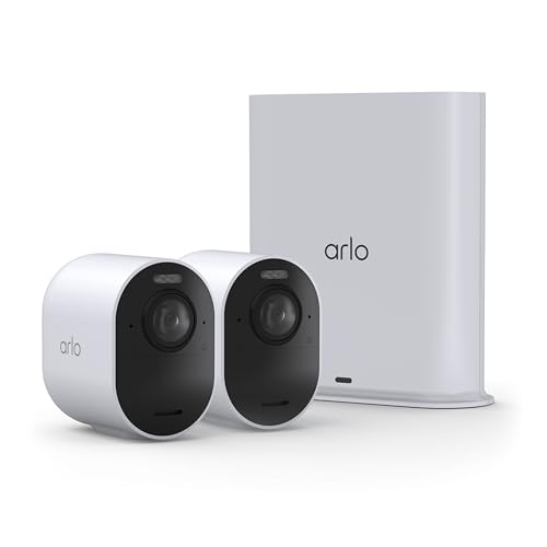 Image of Arlo Ultra Security Camera 4K HDR (3rd Gen, 2025 Release) + SmartHub, Battery Power, Emergency Response, AI Event Captions, 1-Month Trial of Secure Plan, 180 Field of View, 2 Cam, White
