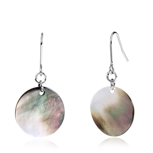 Silver Abalone Shell Disc Dangle Earrings - Unique Handmade Circle Drop Earrings for Daily & Beach Styles