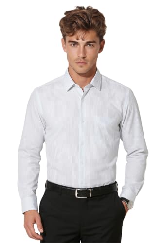 Image of Peter England Men's Regular Fit Full Sleeve Striped Formal Shirt | Cotton Rich | Wonder Fabric | Premium Dobby Weave