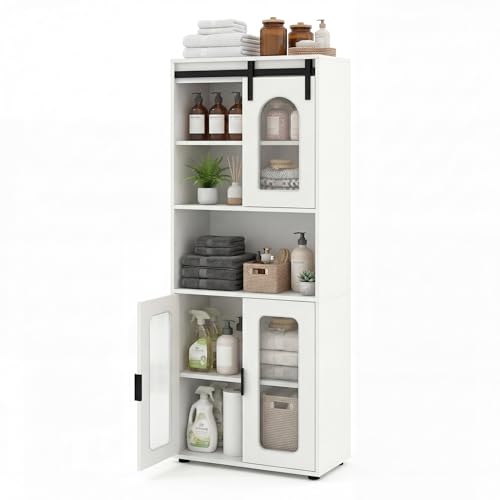 Image of Tangkula 59 inch Tall Bathroom Floor Cabinet, Freestanding Storage Cabinet with Sliding Barn Door & Open Shelves, Farmhouse Bathroom Storage for Kitchen, Living Room, Dining Room (White, 59 inch H)