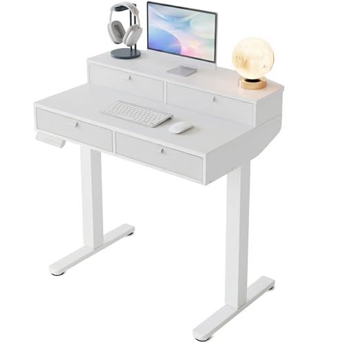 Image of HUANUO 32 X 20 inch Electric Standing Desk with 4 Drawers, Adjustable Height Sit Stand Home Office Desk, C-Clamp Mount Compatible, Ergonomic Stand up Desk with 4 Preset Heights, White