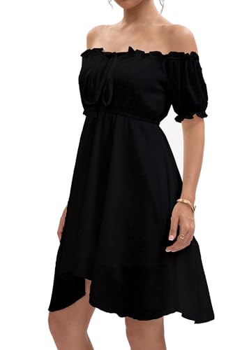 Image of Womens Off Shoulder Ruffle Puff Sleeve Tie Up Irregular Swiss Dot Mini Cottagecore Dress