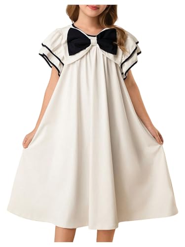 Girl's Bow Knot Ruffle Short Sleeve Dress Elegant Loose Straight Midi Dresses