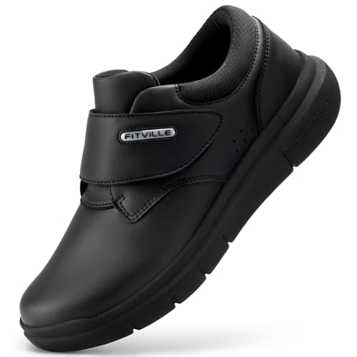 FitVille Buty męskie skórzane szerokie trampki z zapięciem na rzep buty biznesowe do chodzenia EasyTop V4 Czarny 41 EU Szerokie