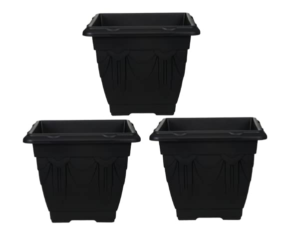 HOMION 41cm Square Flower Pots Venetian Plastic Garden planter pot container (Black) (3x)