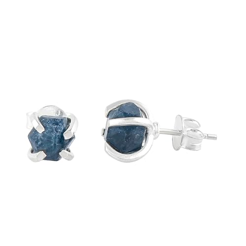 CRYSTALIS Raw Blue-Sapphire Stud Earring Set with Natural Rough Gemstone, Chakra Healing Crystal, Wardrobe Essential, 925 Sterling Silver