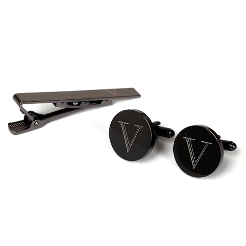 Image of Mens Initial Cufflinks and Tie Clip A-Z Alphabet Letter Black Stainless Cuff Links Tie Bar with Engraved Walnut Wood Box Groom Groomsman Wedding Set
