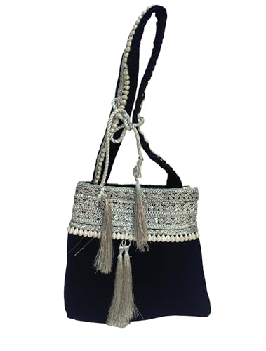 Image of athizay Blue Velvet Handbag for women potli bag which opens to a small shoulder bag for ladies with handcrafted Moti work Strap Multi purpose bag Regal and Royal look