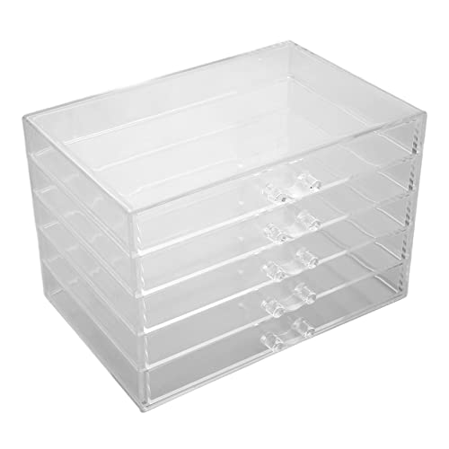 VETESHENM Joyero acrílico con 5 cajones, organizador de joyas transparente, caja de almacenamiento de pendientes desmontable con cajones transparentes para collares, anillos, lápiz labial,