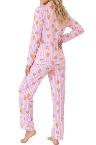 Image of LUBOT Christmas Pajamas for Women 100% Cotton Pajama 2 Piece PJ Set Soft Long Sleeve Button Xmas Print Loungewear XS-XXL