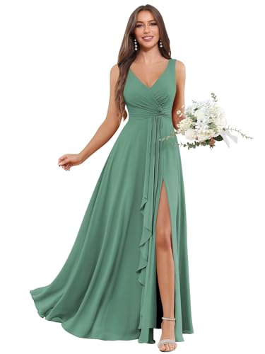 Image of BOLENSYE Bridesmaid Dresses Long Ruched Ruffles Chiffon A Line Evening Party Gown with Pockets Slit