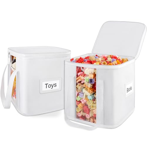 Image of 2PCS Toy Cube Storage Bin: Kids Building Blocks Organizer Bag with Zipper Lid & Handles, Clear Foldable Car Toy Container Box for Cubby Shelves, White Small Basket for Living Room, Closet, Playroom