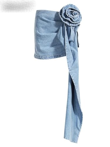 Jupe femme asymétrique bleue avec fleur rose tridimensionnelle design unique - 3