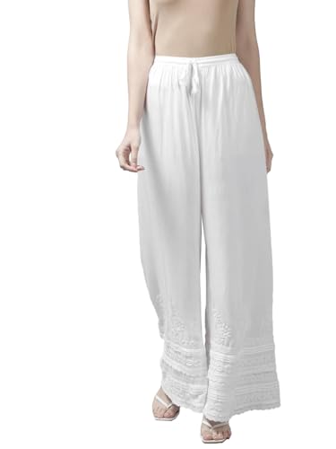 Ada Indian Hand Embroidered Chikankari White Rayon Flared Palazzo Pant for Women A711153