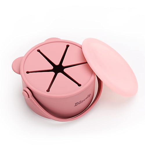 Image of Dilovely Snack Cups for Toddlers, Baby Snack Containers, Silicone Toddler Snack Cups No Spill, Food Catcher with Lid & Bucket-like Handle, BPA Free & Dishwasher Safe, 9 Ounce Rose