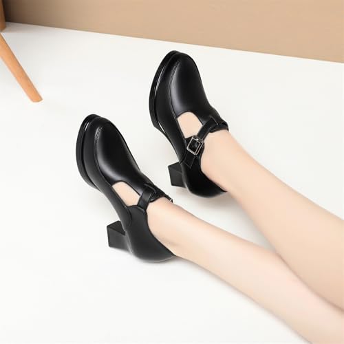 Women's Slip-On Black Genuine Leather Square-Toe Chunky Heel Mary Janes Shoes with Buckle Accent Comfortable Versatile for Daily Office Work Walking Casual Outings4