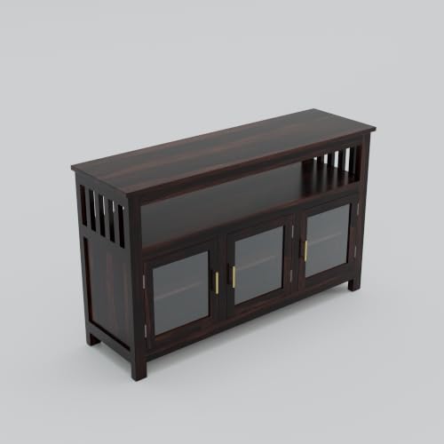 Image of Solid Sheesham Wood Sideboard for Living Room with Glass Doors | 3-Door Storage Unit & Open Display Shelf | Buffet Cabinet for Dining Room, Entryway & Hallway | Walnut Finish | 140 x 40 x 82 cm