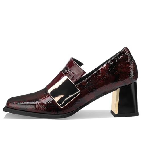 Image of Loafers for Women Patent Leather Buckle Square Toe Chunky Block Dress Slip On Wide Casual Comfortable Dressy High Heels Ladies Comfort Moccasins Elegantes 2 Inch Shoes