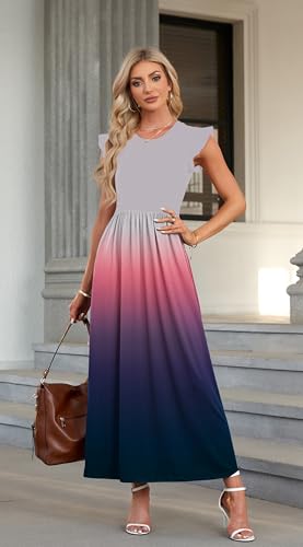 AUSELILY Damen Sommer Rundhalsausschnitt Maxi Kleid mit Taschen Kurzarm und Rüschen Lässiges Hohe Taille Langes Lockeres Bodenlanger Rock Grau Rosa M 3