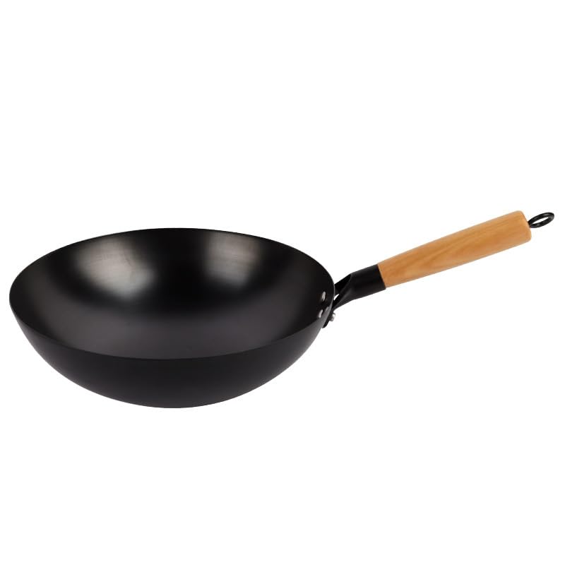 Wok de hierro tradicional chino con mango de madera, 36 cm