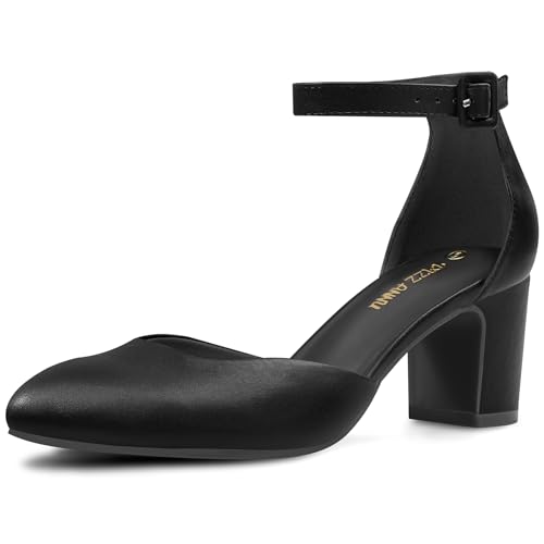 PIZZ ANNU Women's Gilaa Closed Toe Low Chunky Heels Pumps Ankle Strap Wedding Business Round Toe Block Dress Shoes