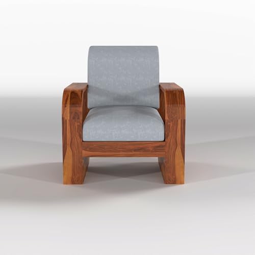 Image of Solid Sheesham Wooden 1 Seater Sofa Set with Grey Cushion for Living Room Furniture - Honey Finish