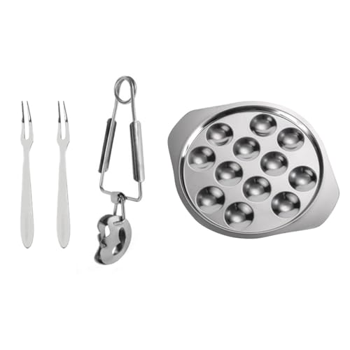 DOITOOL Juego de Utensilios para Mariscos Bandeja de Acero Inoxidable de 12 Agujeros Pinzas y Tenedor para Caracoles Plato para Hornear Caracolas Adecuado para Restaurante y Uso