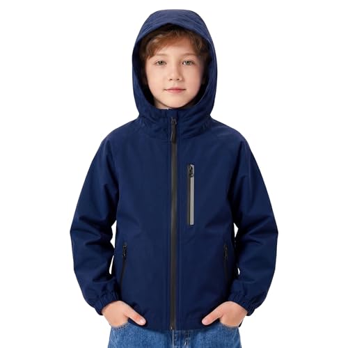 FILOWA Chaqueta Impermeable para Adolescentes Reflectante Chubasquero Impermeable Abrigo con Capucha Ligera Cortavientos Chaquetas de Lluvia Acampada Ropa de Agua para Niños 13 14 años, Azul Marino