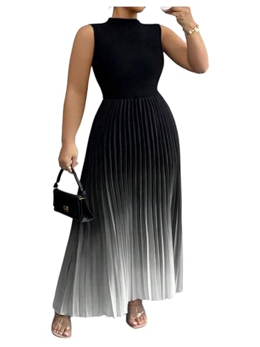 Image of SOLY HUX Women's Plus Size Summer Ombre Sleeveless Flowy Maxi Dress | Birthday, Pleated A Line, Mock Neck, Formal Outfits,Cocktail, Wedding, Graduation