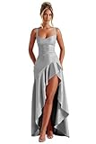 QIAGE Satin Graduation Dresses for Women with Slit Sexy V-Neck Elegant Long Silver Gray Evening Gown 8