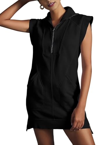 Qiaomai Womens Half Zip Sweatshirt Dresses Summer V Neck Sleeveless Pullover Tunic Tops Mini Dress