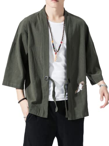 Image of Men's Japanese Kimono Cardigan Loose Cotton Linen 3 /4 Sleeve Open Front Casual Summer Shirt Jackets