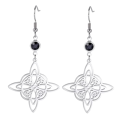 Pendientes para mujer de acero inoxidable con piedra natal negra, nudo de brujas, triple luna, nudo celta, aretes colgantes Wicca pagans (plata 6)