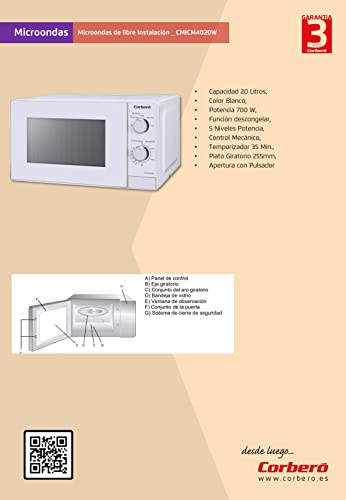 Corbero-CMICM4020W-Microondas-de-Libre-Instalacion-Cap-20-Litros-Color-Blanco-Potencia-700-W-Descongelar-5-Niveles-Potencia-Control-Mecanico-Temp-35-Min-Plato-Giratorio-255