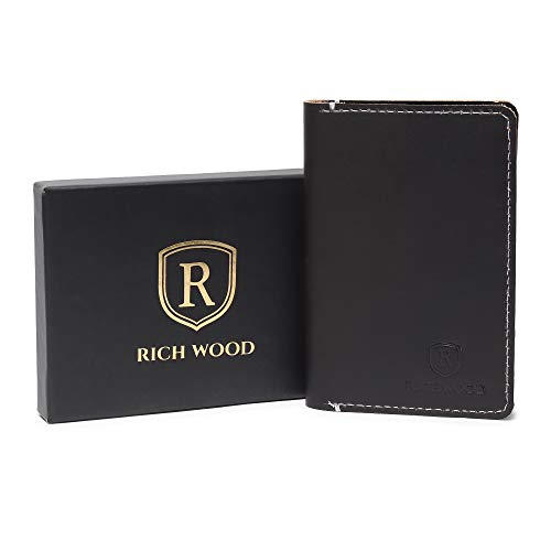 RICHWOOD Vintage Leather Wallet Cum Card Holder with Contrast Stitching & Multi Uses - Slim Minimalist Front or Back Pocket Wallets for Men (Vintage Black)