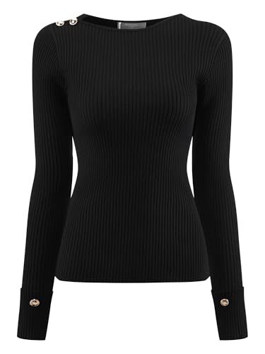 Image of Hobemty Women's Long Sleeve Pullover Sweater 2025 Spring Boat Neck Split Hem Casual Work Ribbed Knit Top