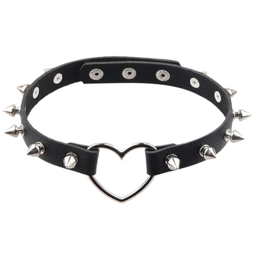 CALFOVERA Choker Kette Damen Punk Rock Legierung Hohlherz Halsband Mit Spikes Nieten Und Nieten Choker Aus PU Leder Gothic Cosplay Schmuck...