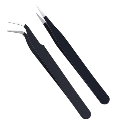 Juego de pinzas 2 piezas, pinzas de acero inoxidable, pinzas rectas y pinzas curvas para pestañas, cejas, etc (11.7cm)