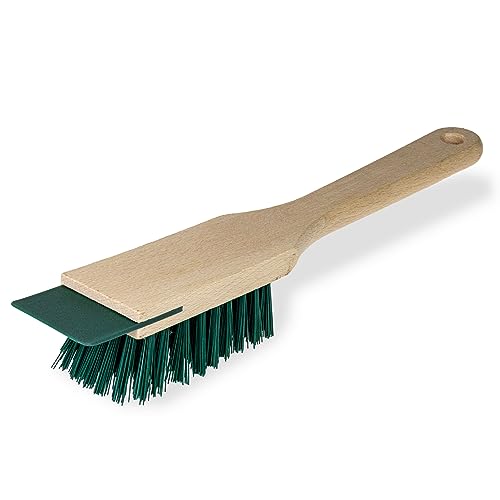 Garden Cleaning Brush with Scraper for Lawn Mower and Lawn Scarifier - Wooden Scrubbing Brush with Handle - Brush Cleaner with Hard Bristle Brush - Stiff Bristle Artificial Grass Brush & Boot Brush