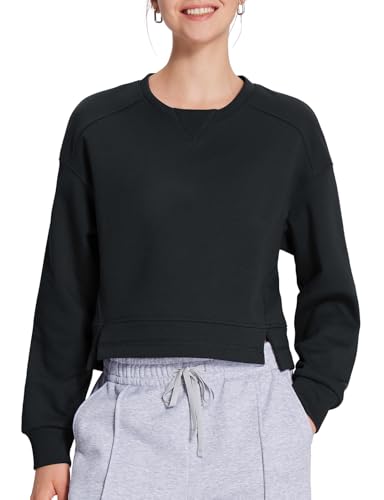 baleaf Women's Crewneck Cropped Sweatshirt Fleece Oversized Sweater Long Sleeve Workout Tops Loose Pullover Fall Outfits Black S