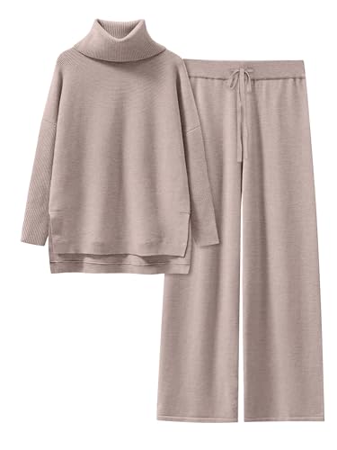 ANRABESS Women Two Piece Outfits Oversized Turtleneck Knit Pullover Sweater Top Wide Leg Pants Lounge Set Sweatsuit 2025 Fall Camel Medium