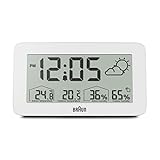 El despertador tiene una pantalla LCD positiva con visualización del pronóstico del tiempo, temperatura interior / exterior (° C o ° F) y humedad. El despertador tiene una función de retroiluminación continua que ilumina la pantalla en un entorno con poca luz para maximizar la legibilidad por la noche. Opción de configuración de 12 horas / 24 horas. El sensor exterior tiene una pantalla LCD que muestra la temperatura exterior (° C o ° F), así como la humedad.