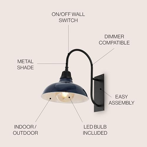 Image of JONATHAN Y 12.25 inch Navy /Black 1-Light Farmhouse Gooseneck Outdoor Wall Sconce Lamp, with Black Metal Bowl Shade, Industrial Iron LED Porch Light for Patio Garage Entryway (JYL7614C)