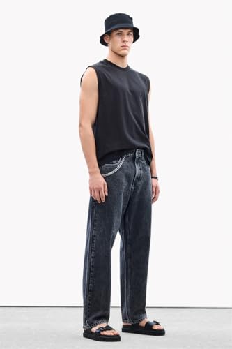 Image of SNITCH Men Casual Jeans | Acid-Washed Baggy Fit with Turned-Up Cuffs & Relaxed Wide-Leg Style | 100% Cotton Fabric for Streetwear & Winter Comfort