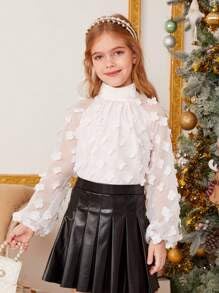 WDIRARA Girl's Floral Appliques Long Sleeve Blouses Mock Neck Mesh Lantern Sleeve Cute Shirts Tops4